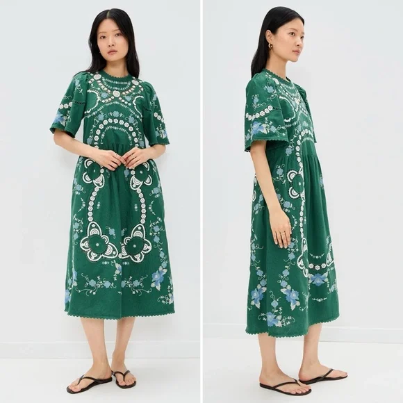 SEA New York Vesna Embroidered Midi Dress Green Floral Cotton Linen Size Small - Picture 16 of 16
